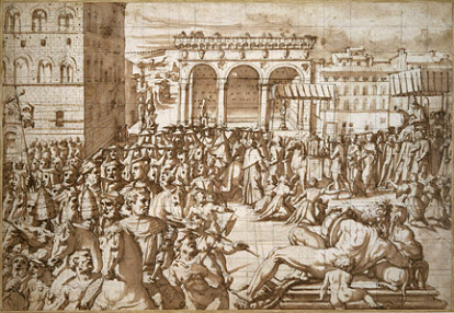 Georgio Vasari, The Procession of Pope Leo X, through the Piazza della Signoria, Florence, in about 1515 (c.1558) Pen and brown wash over black chalk, Christ Church Picture Gallery, Oxford.