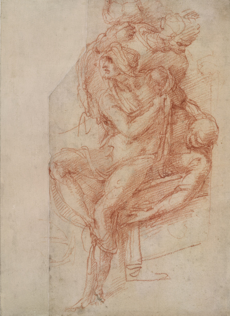 Study for the Raising of Lazarus (1516) by Michelangelo Buonarotti, red chalk on paper, © The Trustees of the British Museum